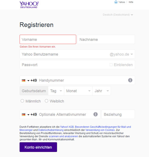 Yahoo Mail registrieren